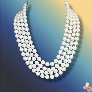 Vintage Signed Japan Wedding White Acrylic Pearl Multi-Strand Necklace 438